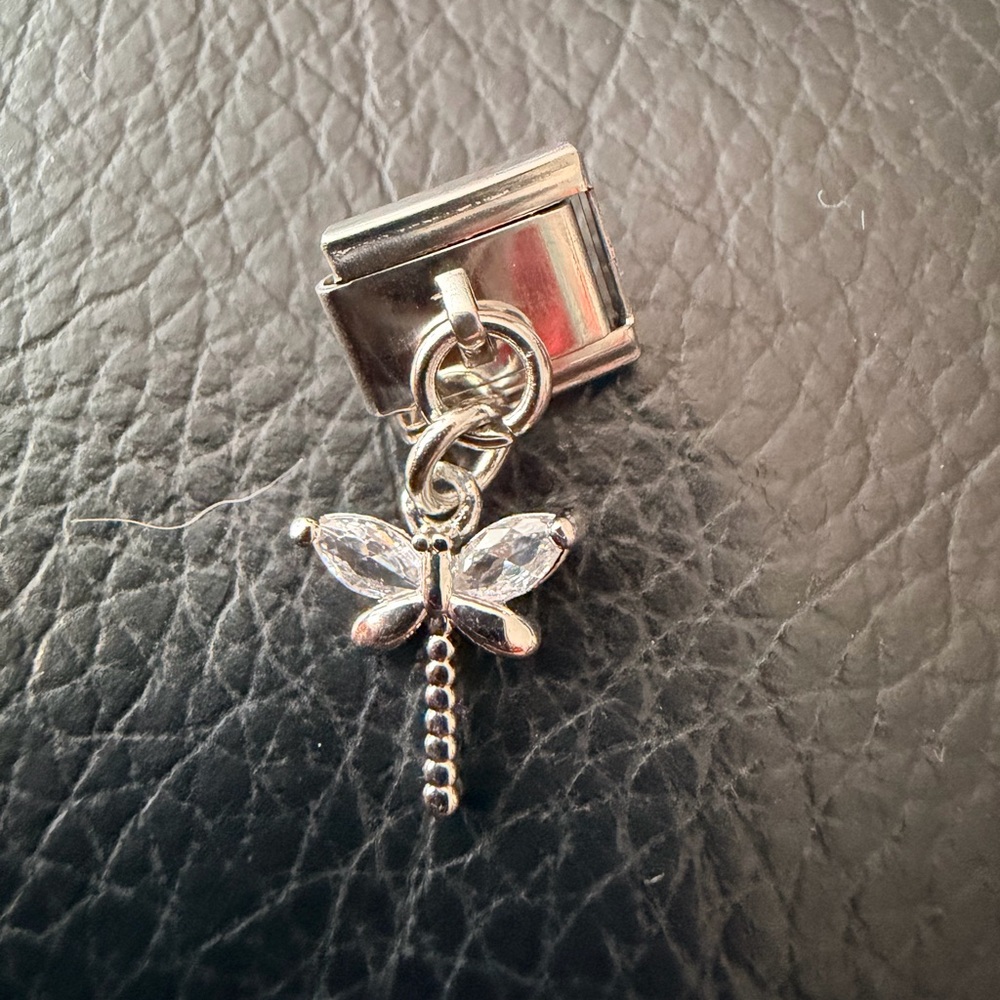 Crystal Dragonfly Italian Charm Dangle Link (Silver Tone)